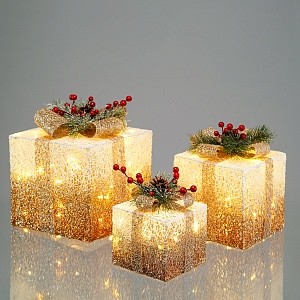 Набор из 3х подарков-гирлянд лед бело-золотистый 9290-2