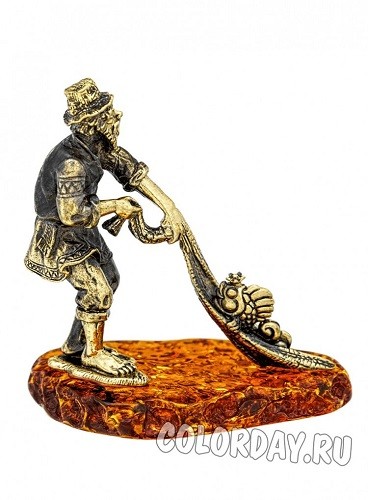 Сувенир "Старик с неводом", бронза, янтарь 1612