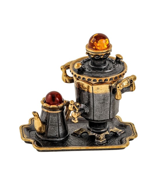Фигурка "Самовар Чайный сервиз", бронза,янтарь 1891