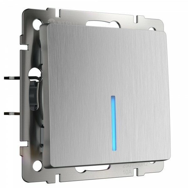 Выключатель одноклавишный с подсветкой cеребряный рифленый W1110109 Выключатель одноклавишный с подсветкой cеребряный рифленый W1110109