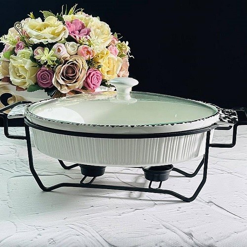 Сервировочный овальный мармит 37х26х12см на подставке 142-1064 Фарфор