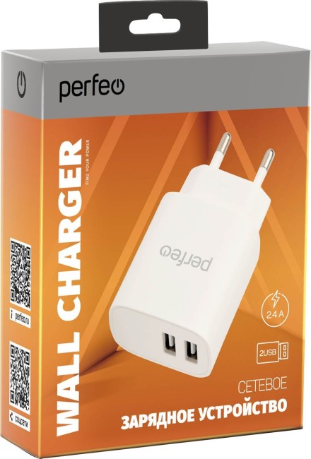 Сетевое зарядное устройство с двумя разъемами USB, 2.4А, белый (I4658)