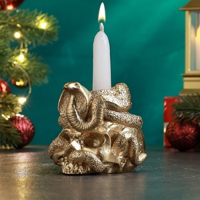 Подсвечник "Череп со змеей" 9см, золото 10792068