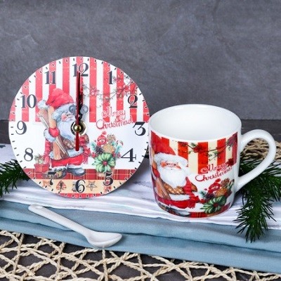 Кружка новогодняя 210 мл, ложка, часы / SK659/1 /уп 75/ набор подарочный/714837  / ПОЛОСКА 740846
