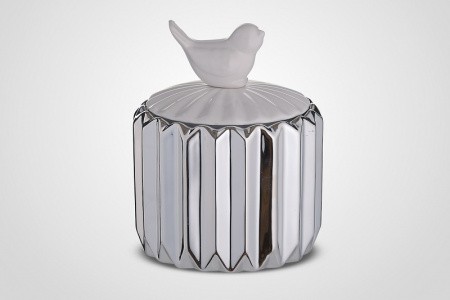 Керамическая  Серебристая Банка с Белой Птичкой M 8056-17