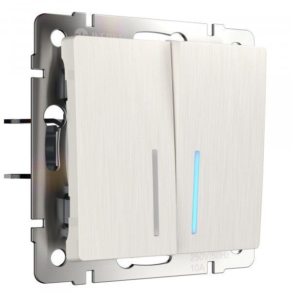 Выключатель двухклавишный проходной с подсветкой перламутровый рифленый W1122113 Выключатель двухклавишный проходной с подсветкой перламутровый рифленый W1122113