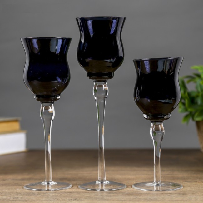 Подсвечник стекло набор 3 шт "Вуаль" высота 26см, 23 см, 20 см чёрный 4104810