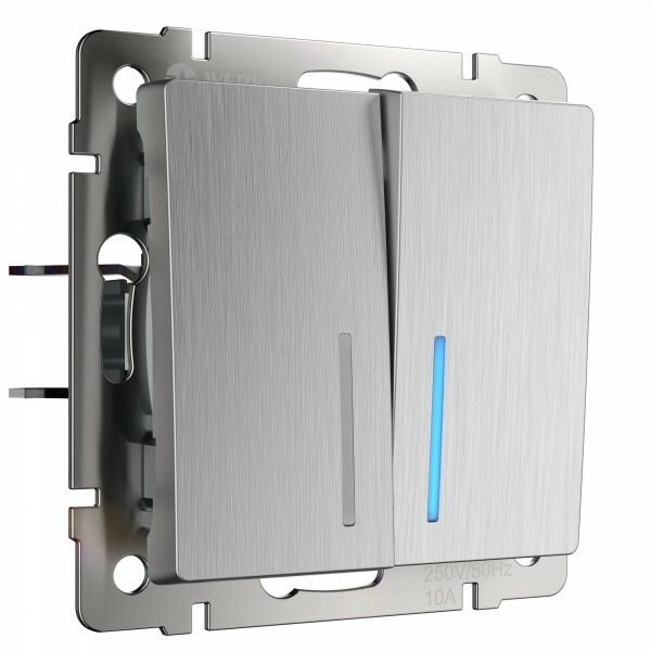 Выключатель двухклавишный с подсветкой cеребряный рифленый W1120109