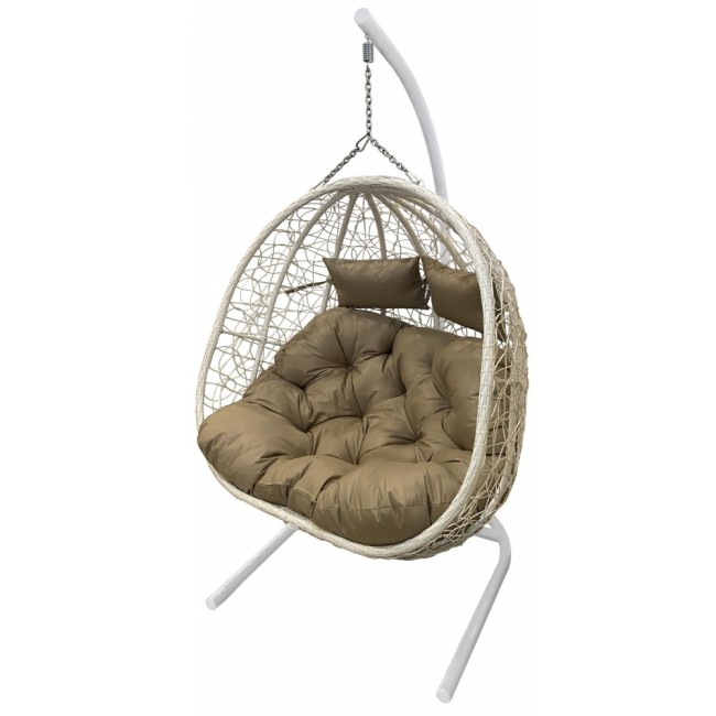 Кресло подвесное двойное ФЛОРА арт.D40-MT006 цв.осн+корзина белый, цв.подушки бежевый