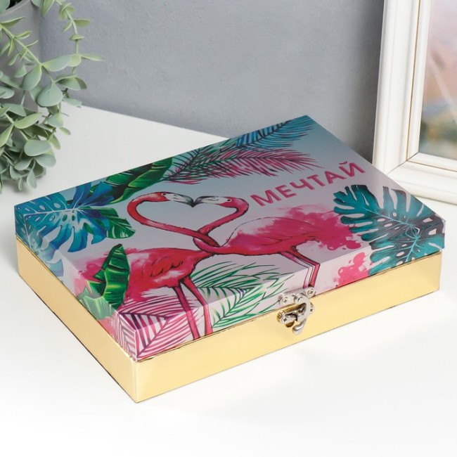 Шкатулка "Розовые фламинго. Мечтай" 7521399 кожзам глянец 5,5х24х17 см дерево