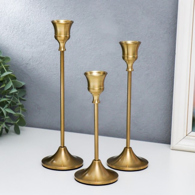 Подсвечник металл "Женева" набор 3 шт золото 7х7х20, 7х7х23, 7х7х25,5 см   7351265