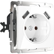 Розетка с заземлением, шторками и USBх2 белая W1171501