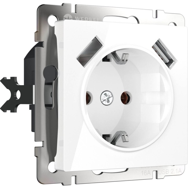Розетка с заземлением, шторками и USBх2 белая W1171501