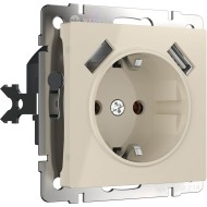 Розетка с заземлением, шторками и USBх2 слоновая кость W1171503