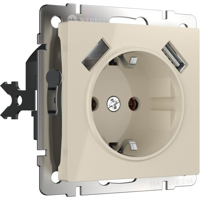 Розетка с заземлением, шторками и USBх2 слоновая кость W1171503