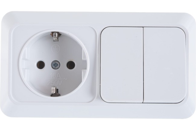 Блок горизонтальный "Олимп" розетка+2 кл.выкл белый с/з О0033