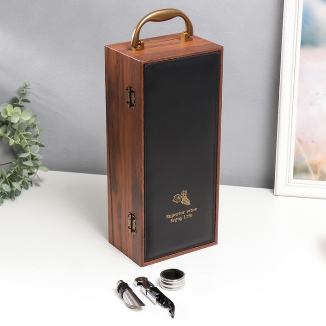 Шкатулка дерево, кожзам под бутылку "Виноград" 7673843 3 предмета 35х11х15,5 см